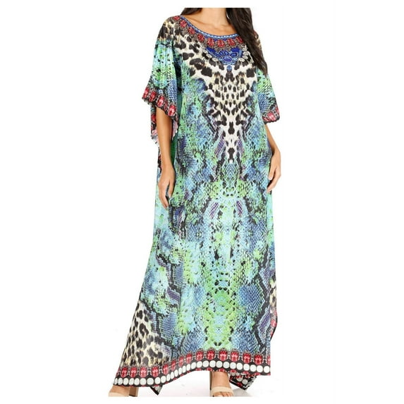 Sakkas Jabari Women's Maxi Short Sleeve Long Beach Kaftan Dress Boho Loose Gown - ST49-Turq - One Size