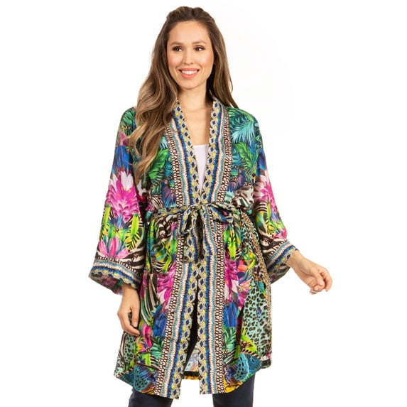 Sakkas Janis Women's Lightweight Open-Front Amazing Print Cardigan Sweater Pockets - 592-Green - L/XL