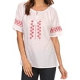 thumbnail image 1 of Sakkas Jeanita Embroidered Cotton Boho Short Sleeve Top Blouse With Front Tie - Red - Large, 1 of 4