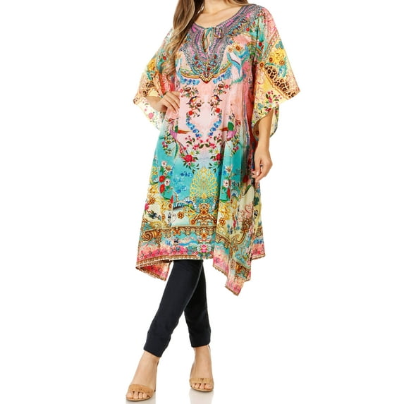 Sakkas Jenni Women's Mid Length Boho Caftan Kaftan Dress Cover up Flowy Rhinestone - 503 - One Size