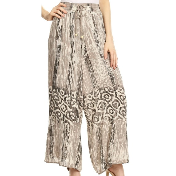 Sakkas Julia Batik Palazzo Wide Leg Pants with Elastic Waistband - Sand - One Size Regular