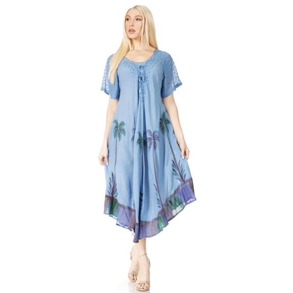Sakkas Kai Palm Tree Caftan Tank Dress / Cover Up - Blue - One Size Regular