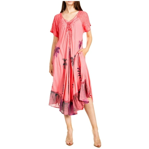 Sakkas Kai Palm Tree Caftan Tank Dress / Cover Up - Coral - One Size Regular