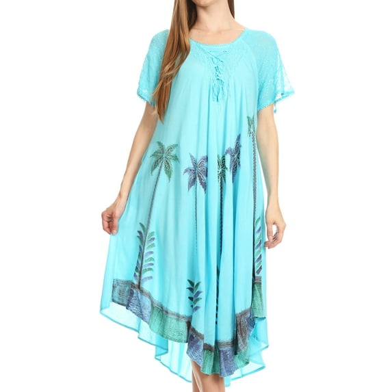 Sakkas Kai Palm Tree Caftan Tank Dress / Cover Up - Light Blue - One Size Regular