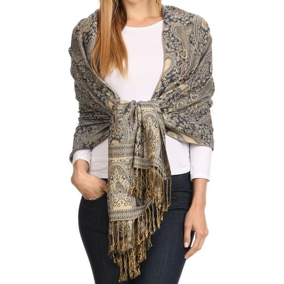Sakkas Kalin Long Wide Woven Patterned Fringe Tassel Pashmina Shawl / Scarf - Black - One Size Regular