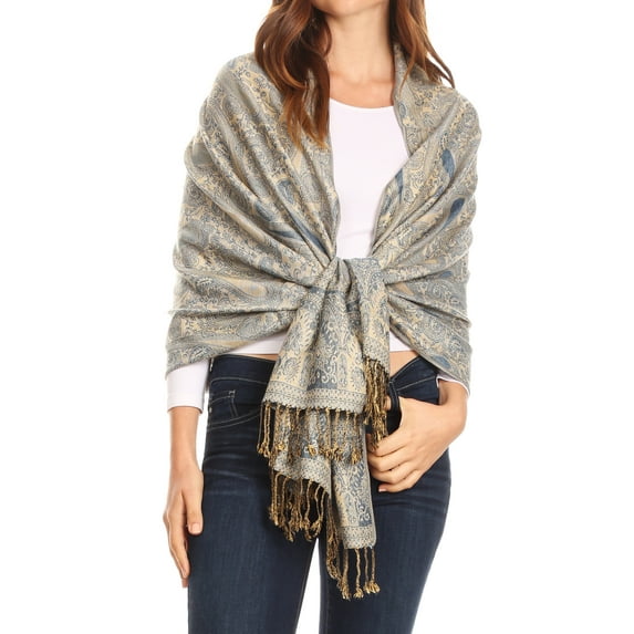 Sakkas Kalin Long Wide Woven Patterned Fringe Tassel Pashmina Shawl / Scarf - Blue / Beige - One Size Regular