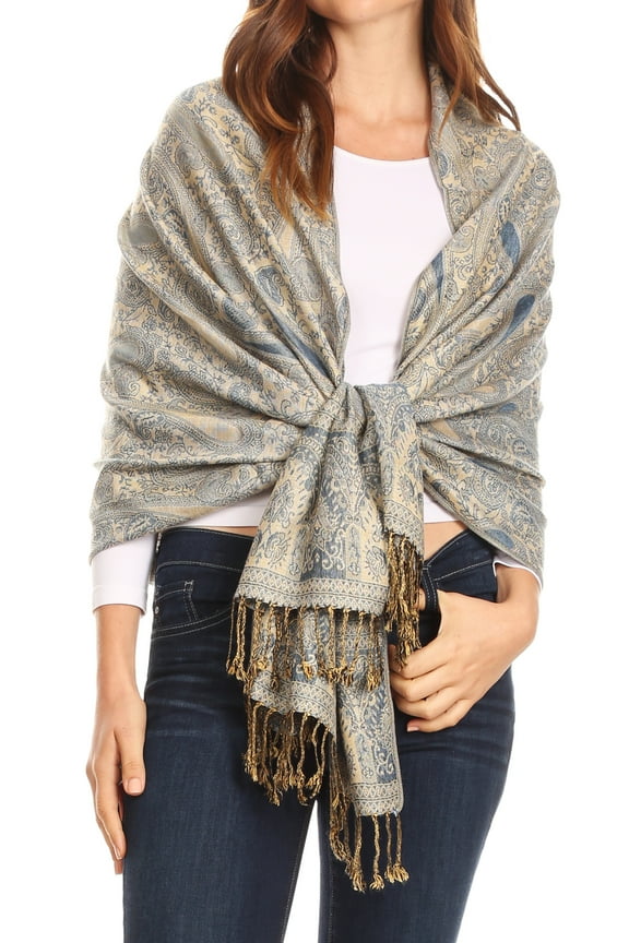 Kalin Long Wide Woven Patterned Fringe Tassel Pashmina Shawl / Scarf - Blue / Beige - One Size Regular