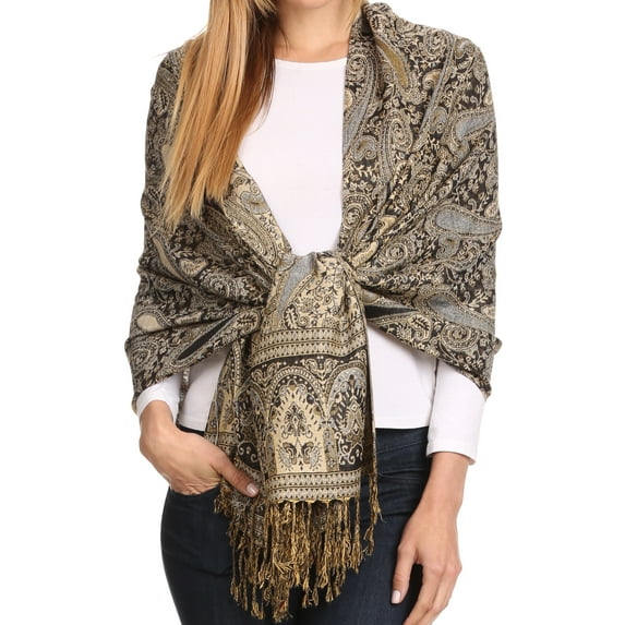 Sakkas Kalin Long Wide Woven Patterned Fringe Tassel Pashmina Shawl / Scarf - Navy - One Size Regular