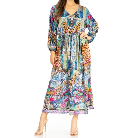 Sakkas Katty Women's V Neck Midi Casual Boho Maxi Long Sleeve Dress Floral Print - 556-Multi - S/M