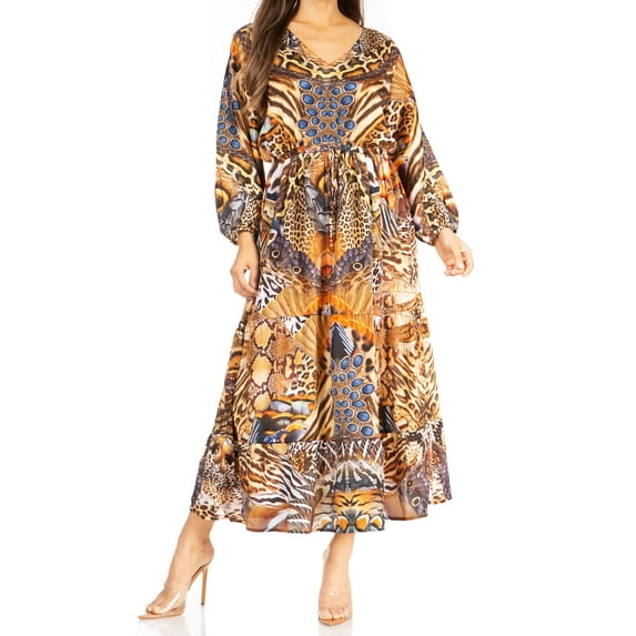 Sakkas Katty Women's V Neck Midi Casual Boho Maxi Long Sleeve Dress Floral Print - 557-Brown - L/XL