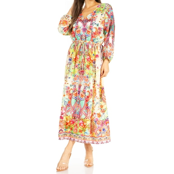 Sakkas Katty Women's V Neck Midi Casual Boho Maxi Long Sleeve Dress Floral Print - 558-Multi - L/XL