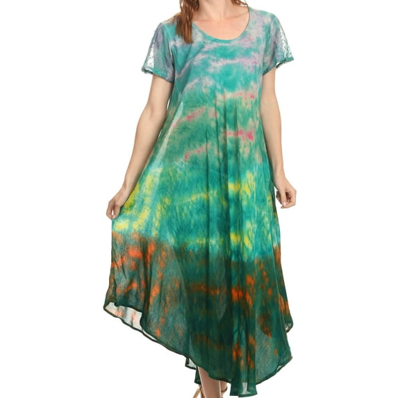 Sakkas Kaylaye Long Tie Dye Ombre Embroidered Cap Sleeve Caftan Dress / Cover Up - Green / Purple - One Size Regular