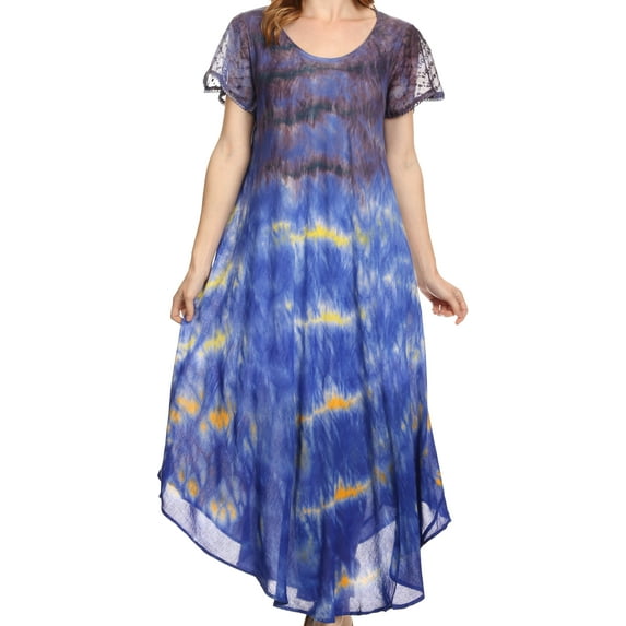 Sakkas Kaylaye Long Tie Dye Ombre Embroidered Cap Sleeve Caftan Dress / Cover Up - Violet - One Size Regular