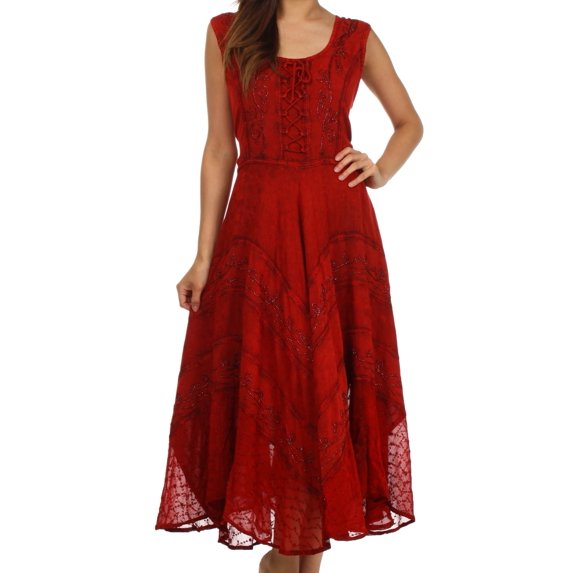 Sakkas Kevina Stonewashed Rayon Embroidered Dress - Cayenne - 1X/2X