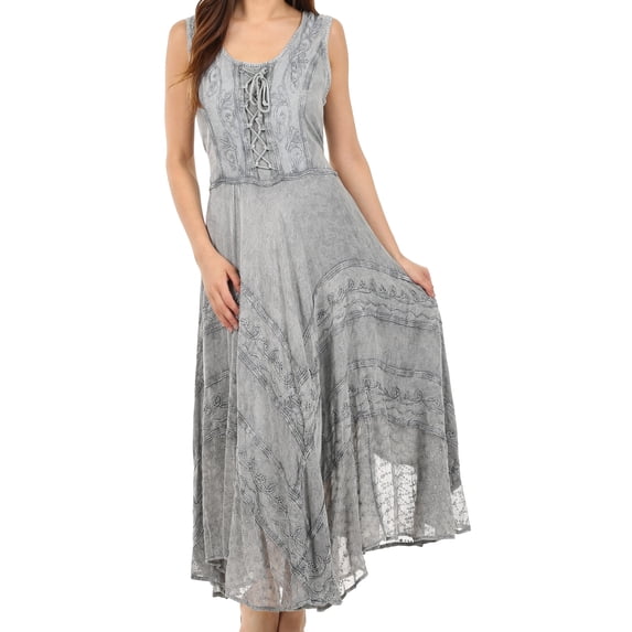Sakkas Kevina Stonewashed Rayon Embroidered Dress - Grey - S/M