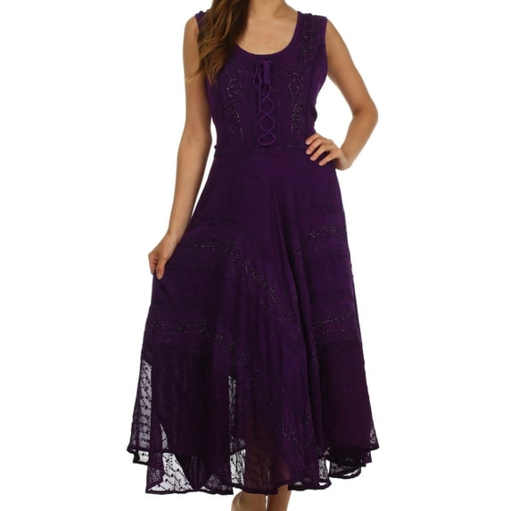 Sakkas Kevina Stonewashed Rayon Embroidered Dress - Purple - L/XL