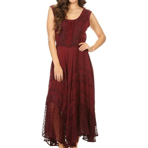 Sakkas Kevina Stonewashed Rayon Embroidered Dress - Wine - L/XL