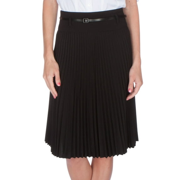 Sakkas Knee Length Pleated A-Line Skirt with Skinny Belt - Black - Small