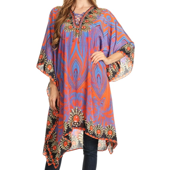Sakkas Kristy Long Tall Lightweight Caftan Dress / Cover Up With V-Neck Jewels - 17114-PurpleOrange - One Size Regular