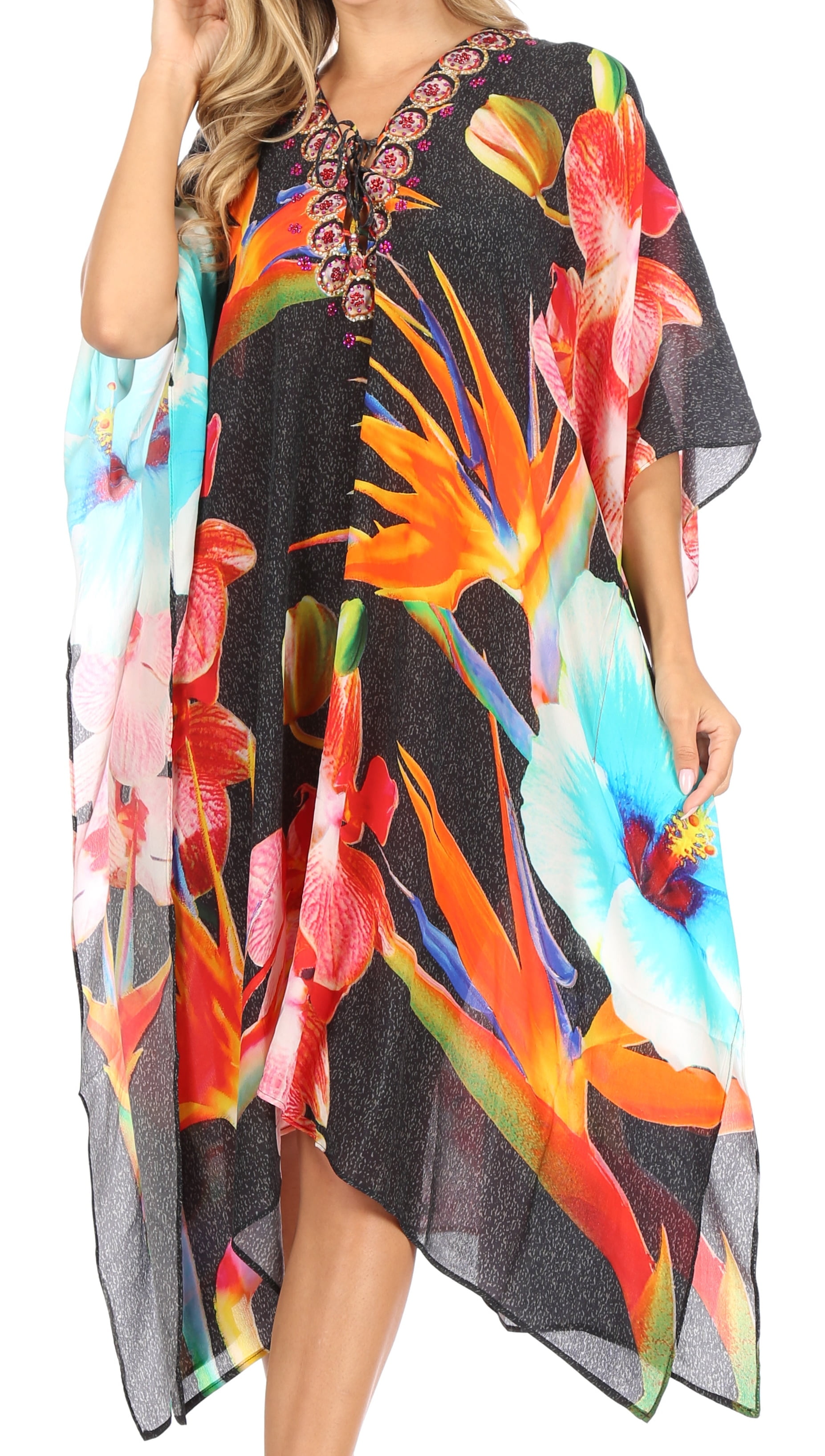 Robe Caftan Longue Sakkas - Imprimé Tribal, Col En V Avec Strass, Légère Et Aérée, Taille Unique (tour De Buste Max 142 Cm)