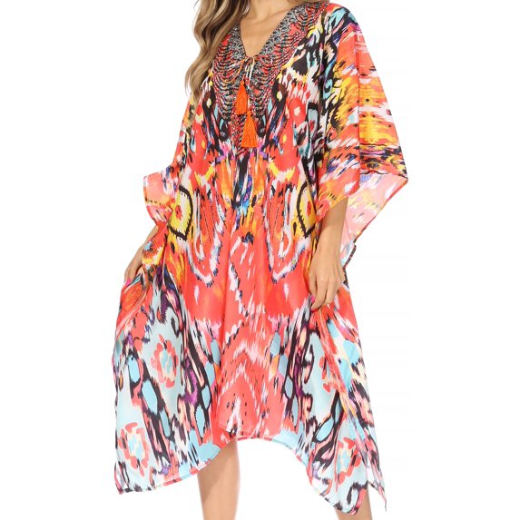 Sakkas Kristy Long Tall Lightweight Caftan Dress / Cover Up With V-Neck Jewels - Orange / Multi - One Size