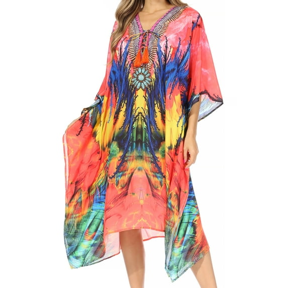 Sakkas Kristy Long Tall Lightweight Caftan Dress / Cover Up With V-Neck Jewels - Pink / Blue - One Size
