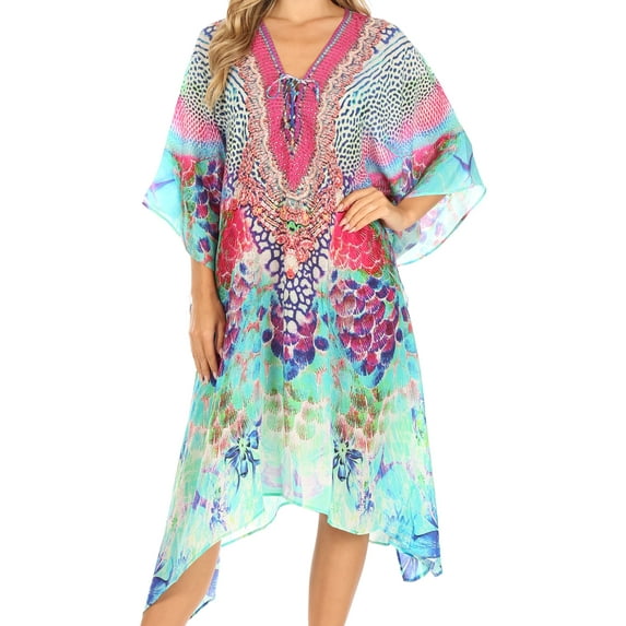 Sakkas Kristy Long Tall Lightweight Caftan Dress / Cover Up With V-Neck Jewels - SM224-multi - One Size Regular