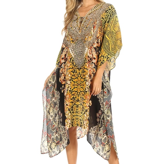 Sakkas Kristy Long Tall Lightweight Caftan Dress / Cover Up With V-Neck Jewels - orbk233-black - One Size Regular