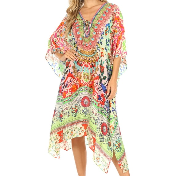 Sakkas Kristy Long Tall Lightweight Caftan Dress / Cover Up With V-Neck Jewels - tm208-multi - One Size Regular