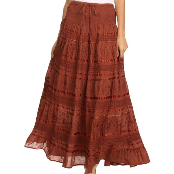 Sakkas Lace and Ribbon Peasant Boho Skirt - Brown - One Size