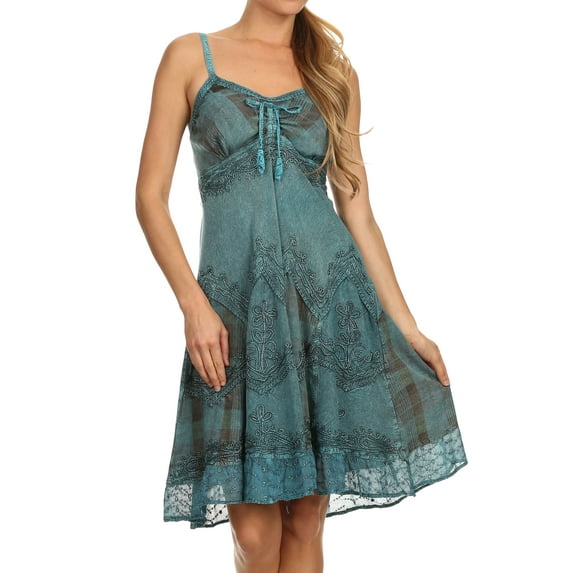 Sakkas Lacey Stonewashed Embroidered Silver Threaded Spaghetti Strap Dress - Turquoise - S/M