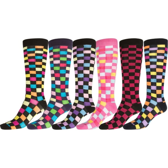 Sakkas Ladies Cute Colorful Design or Solid Knee High Socks Assorted 6-Pack - Checkers, 9-11
