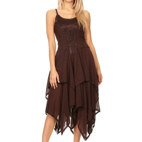 Sakkas Lady Mary Jacquard Corset Style Bodice Lightweight Handkerchief Hem Dress - Brown - Plus Size