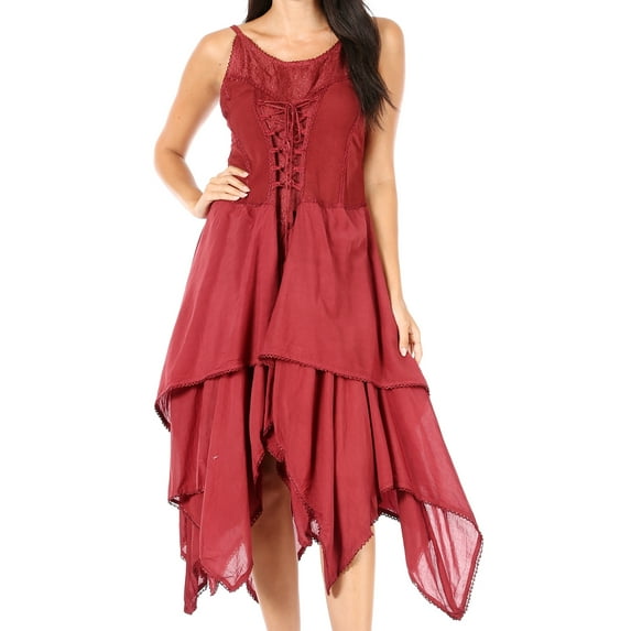 Sakkas Lady Mary Jacquard Corset Style Bodice Lightweight Handkerchief Hem Dress - Burgandy - One Size