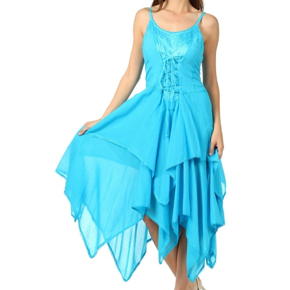 Sakkas Lady Mary Jacquard Corset Style Bodice Lightweight Handkerchief Hem Dress - Turquoise - One Size