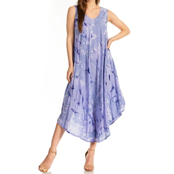 Sakkas Laeila Tie Dye Washed Long Sleeveless Tank Top Caftan Dress / Cover Up - Dusty Blue - One Size Regular