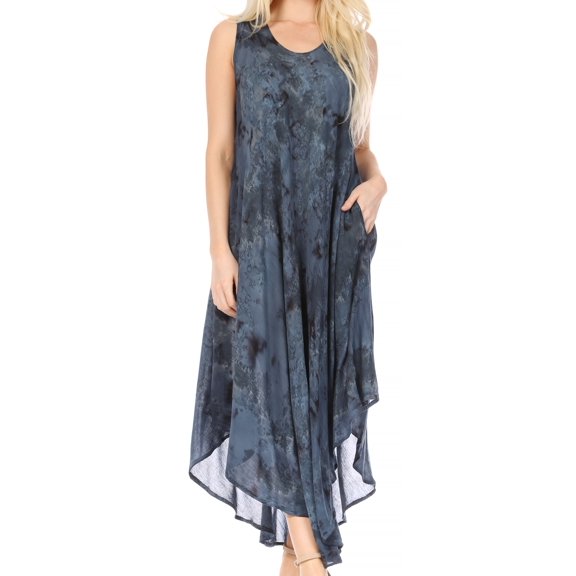 Sakkas Laeila Tie Dye Washed Long Sleeveless Tank Top Caftan Dress / Cover Up - Ink Blue - One Size Regular