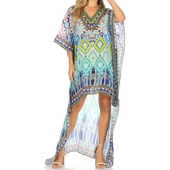 Sakkas Laisson Flowy Hi Low Caftan Rhinestone Boxy V Neck Dress Top Cover / Up - MT54-Turq - One Size