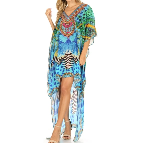Sakkas Laisson Flowy Hi Low Caftan Rhinestone Boxy V Neck Dress Top Cover / Up - ST37-Turq - One Size