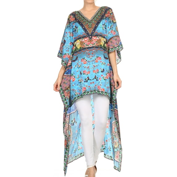 Sakkas Laisson Flowy Hi Low Caftan Rhinestone Boxy V Neck Dress Top Cover / Up - Turquoise BrightGreen - One Size Regular