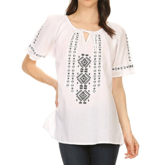 Sakkas Lena Cross Stitch Embroidered Short Sleeve Casual Top Blouse - White / Black - XL