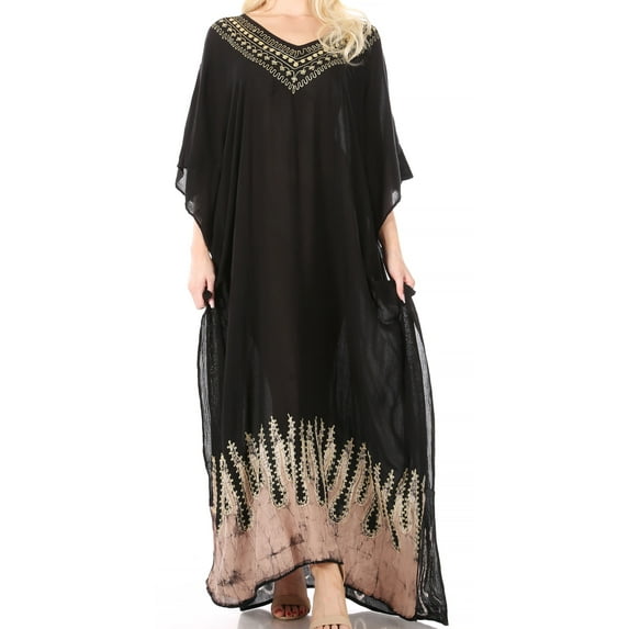 Sakkas Leonor Women's Boho Casual Long Maxi Caftan Dress Kaftan Cover-up LougeWear - 7-BlackBeige - One Size