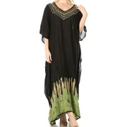 Sakkas Leonor Women's Boho Casual Long Maxi Caftan Dress Kaftan Cover-up LougeWear - 7-BlackGreen - One Size