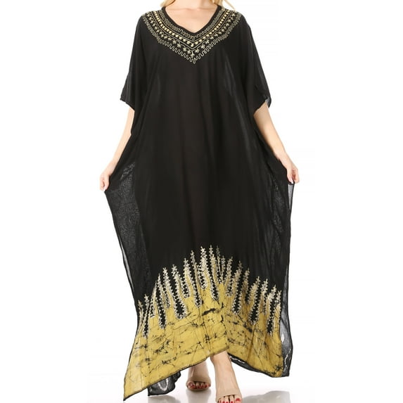 Sakkas Leonor Women's Boho Casual Long Maxi Caftan Dress Kaftan Cover-up LougeWear - 7-BlackYellow - One Size