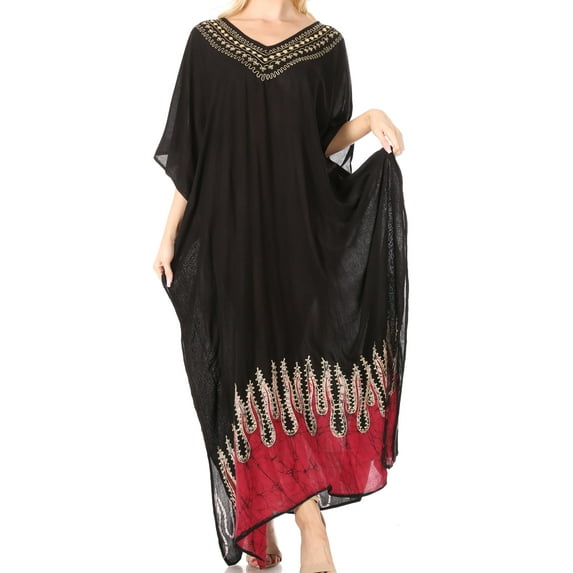 Sakkas Leonor Women's Boho Casual Long Maxi Caftan Dress Kaftan Cover-up LougeWear - 7-Blackred - One Size