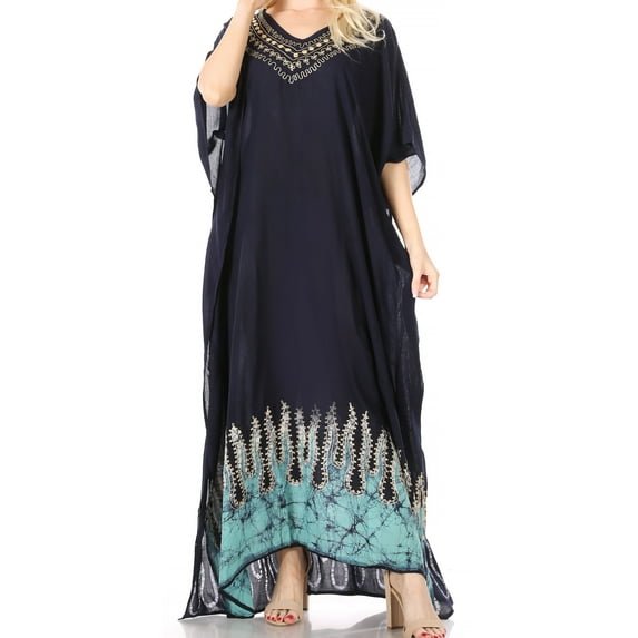 Sakkas Leonor Women's Boho Casual Long Maxi Caftan Dress Kaftan Cover-up LougeWear - 7-NavyTurq - One Size
