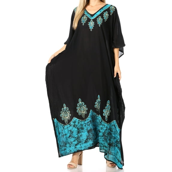 Sakkas Leonor Women's Boho Casual Long Maxi Caftan Dress Kaftan Cover-up LougeWear - 8-BlackTurq - One Size
