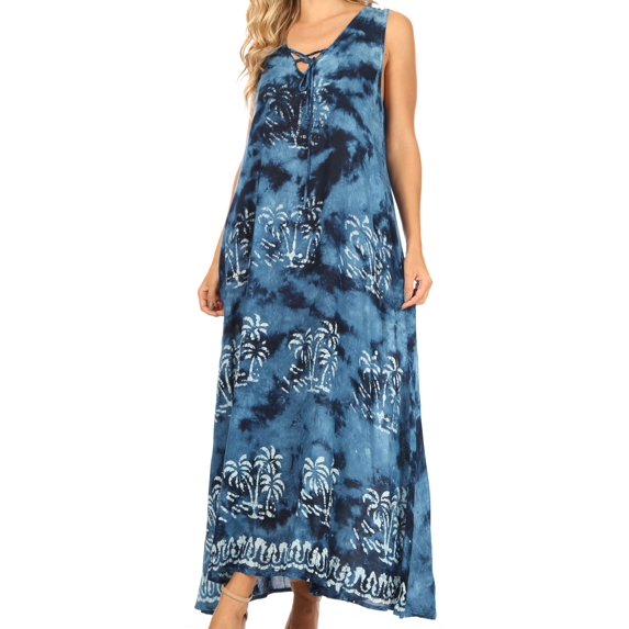 Sakkas Leonor Women's Maxi Sleeveless Tank Long Print Dress with Pockets and Ties - TD52-812-Navy - One Size