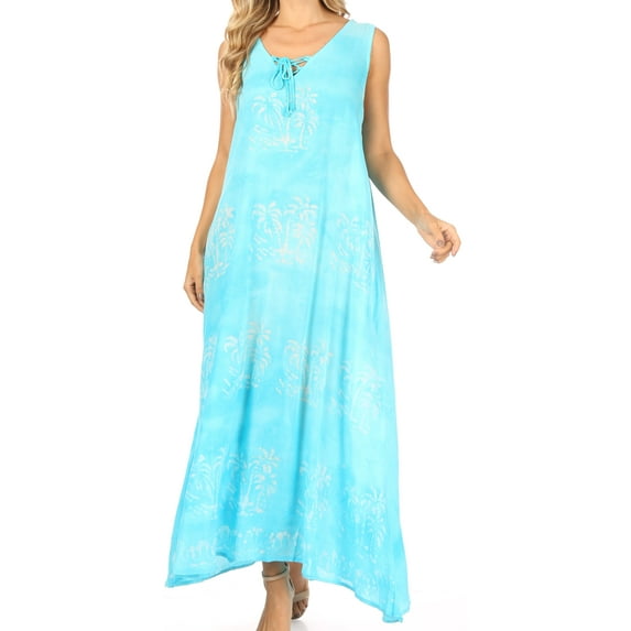 Sakkas Leonor Women's Maxi Sleeveless Tank Long Print Dress with Pockets and Ties - TD52-812-Turq - One Size