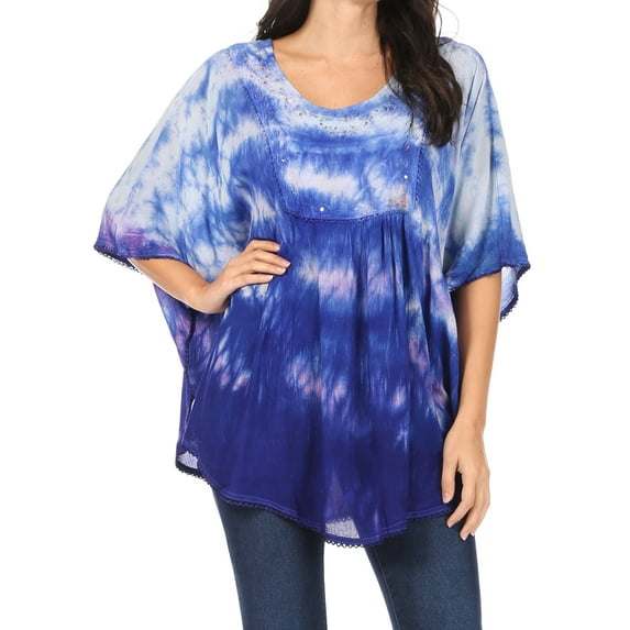 Sakkas Lepha Long Wide Multi Colored Tie Dye Sequin Embroidered Poncho Top Blouse - Light Blue - OS